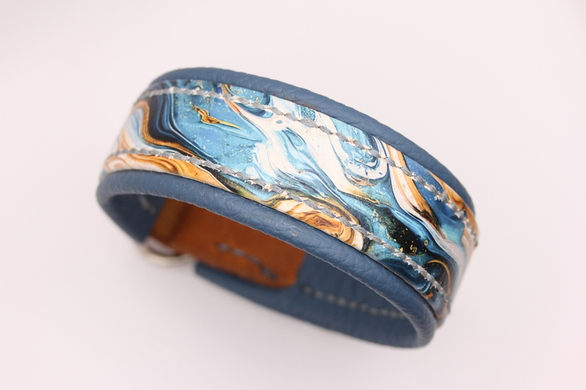 Biothane® Halsband 'Radiant Crest' – UV-bedruckt mit Nappa und Fettleder