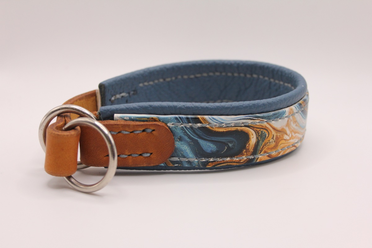 Biothane® Halsband 'Radiant Crest' – UV-bedruckt mit Nappa und Fettleder