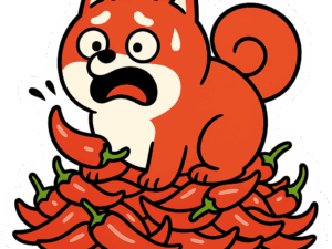 Wuffbow-Comic-Sticker mit rotem Shiba Inu auf Chili-Berg – für Hundeliebhaber