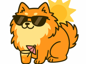 Comic-Sticker aus der Wuffbow-Serie – Pomeranian mit Sonnenbrille & Cocktail